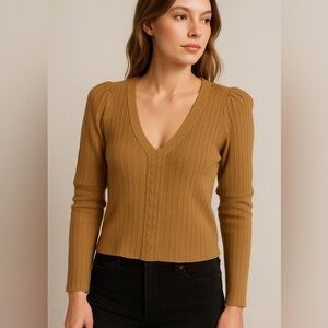 Anthropologie Y2K Camel V-Neck Sweater- Long Sleeve cozy pullover